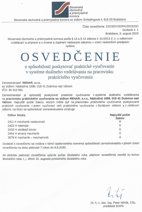 RENAR, s.r.o. - Osvedčenie o spôsobilosti poskytovať praktické vyučovanie v systéme duálneho vzdelávania