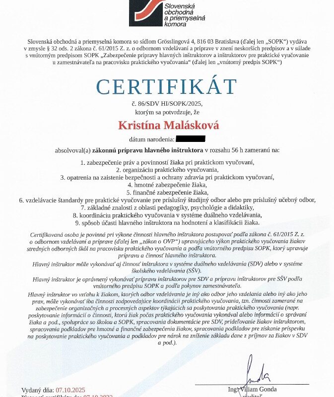 Certifikát - Kristína Malásková